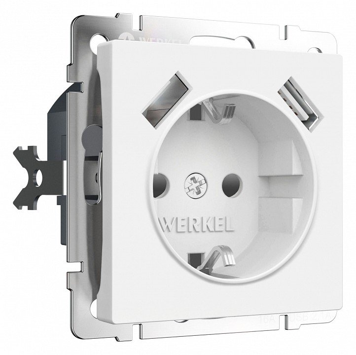 Розетка с заземлением, шторками и 2хUSB, без рамки Werkel белый матовый W1171561