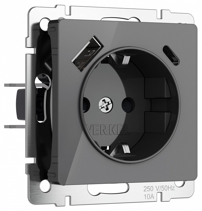 Розетка с заземлением, шторками и 2хUSB, без рамки Werkel Графит акрил W1171744