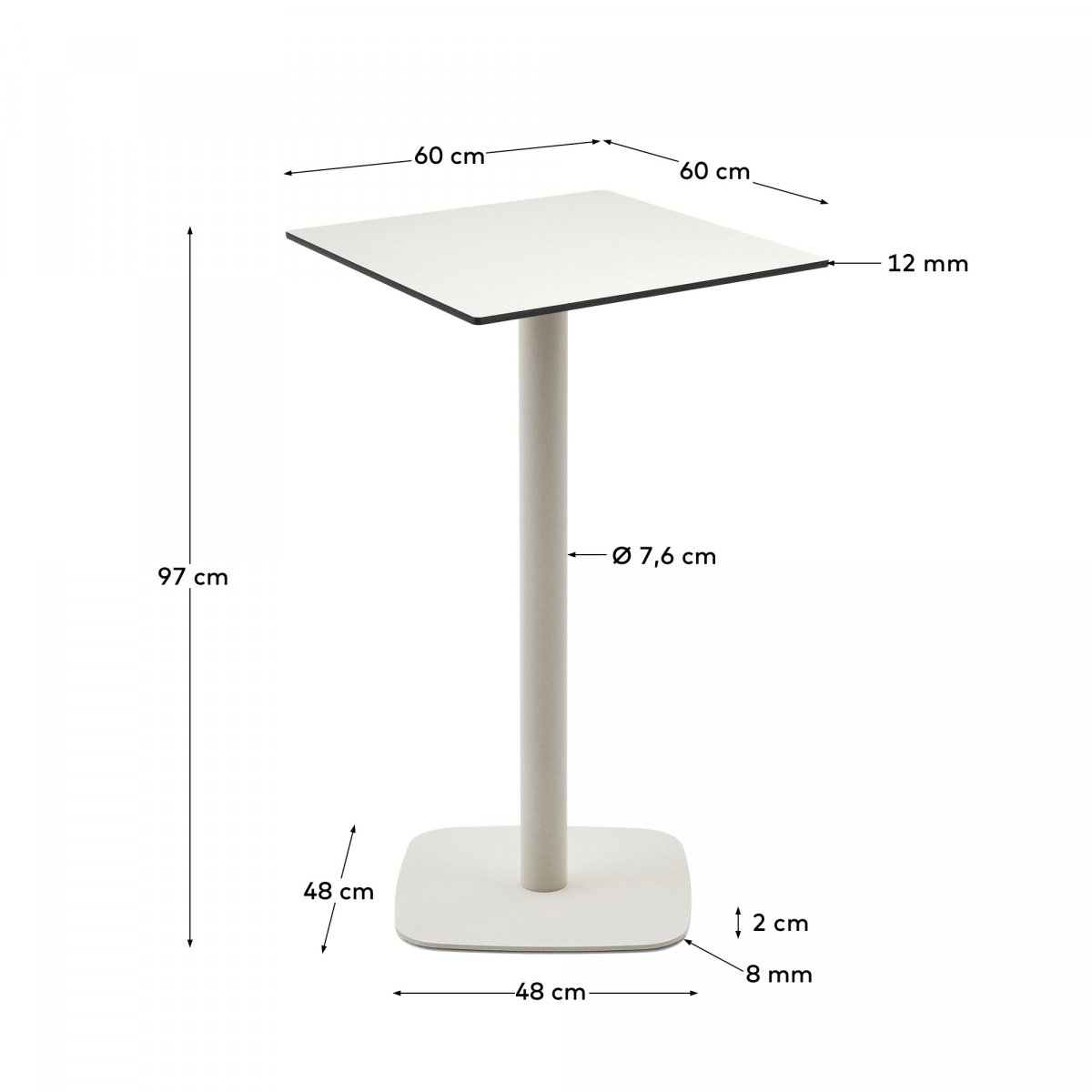 Высокий садовый столик Dina белый на белом металлическом основании 60 x 60 x 96 см
