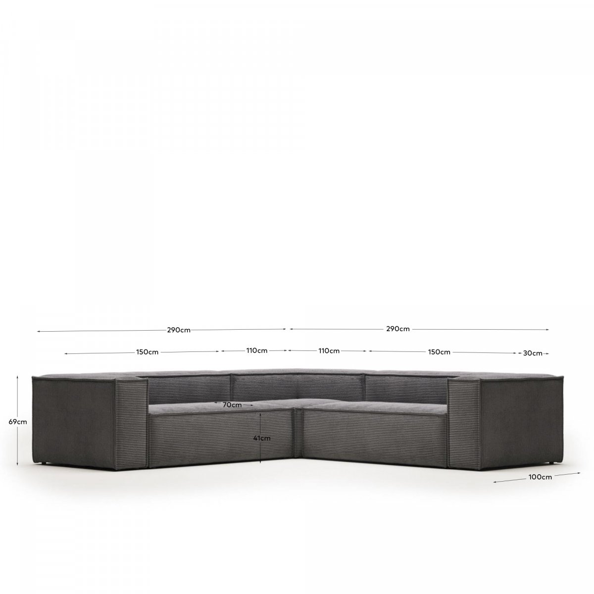 Угловой 4-х местный диван Blok 290 x 290 cm серый вельвет