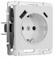 Розетка с заземлением, шторками и 2хUSB, без рамки Werkel Белый акрил W1171741