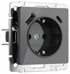 Розетка с заземлением, шторками и 2хUSB, без рамки Werkel Графит акрил W1171744