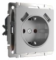 Розетка с заземлением, шторками и 2хUSB, без рамки Werkel серебряный W1171506